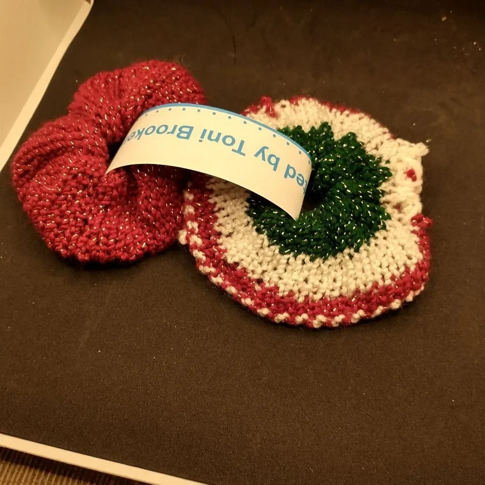 Hand Crafted Knit Scrunchies Green Red Jumbo Hair Band Accessory Set of 2